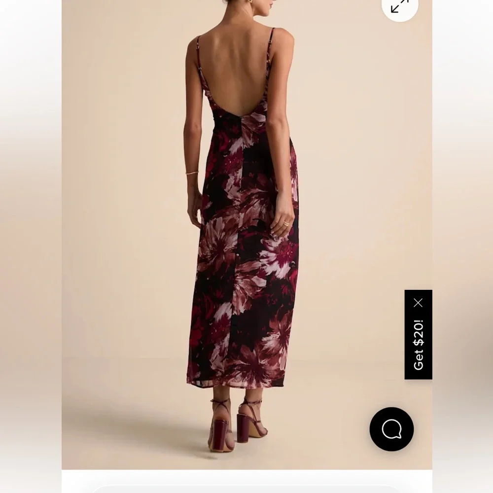 Lulus Flowery Passion Burgundy Floral Print Cowl Neck Midi Dress size small - Picture 2 of 8